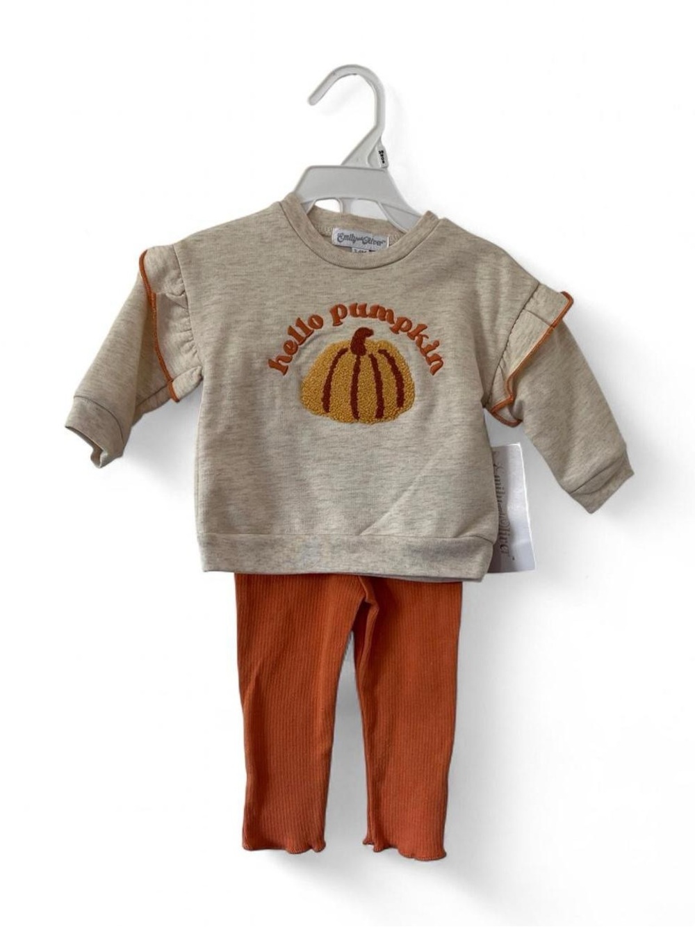 3-6M Girl 2 Piece Set Sweatshirt Pants Hello Pumpkin Outfit Sherpa Patchwork NWT